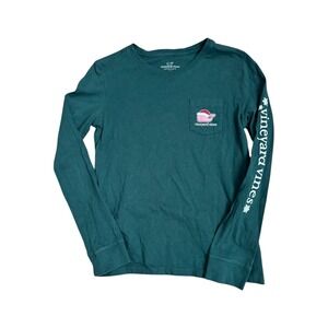 Vineyard Vines Long Sleeve Christmas Whale‎ Pocket Tee Green Glitter Girls M